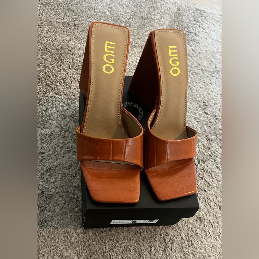 EGO Tan Croc-Effect Block Heel Sandals